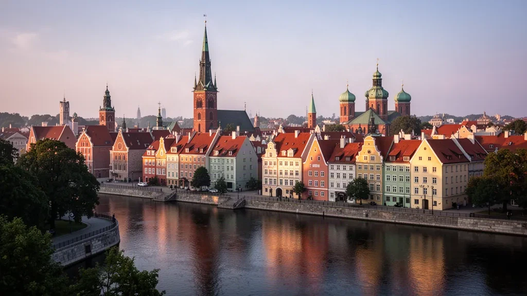 Les toits de la vieille ville de Riga en Lettonie à l'heure dorée, avec la flèche de l'église Saint-Pierre et des toits médiévaux colorés se reflétant dans le fleuve Daugava.