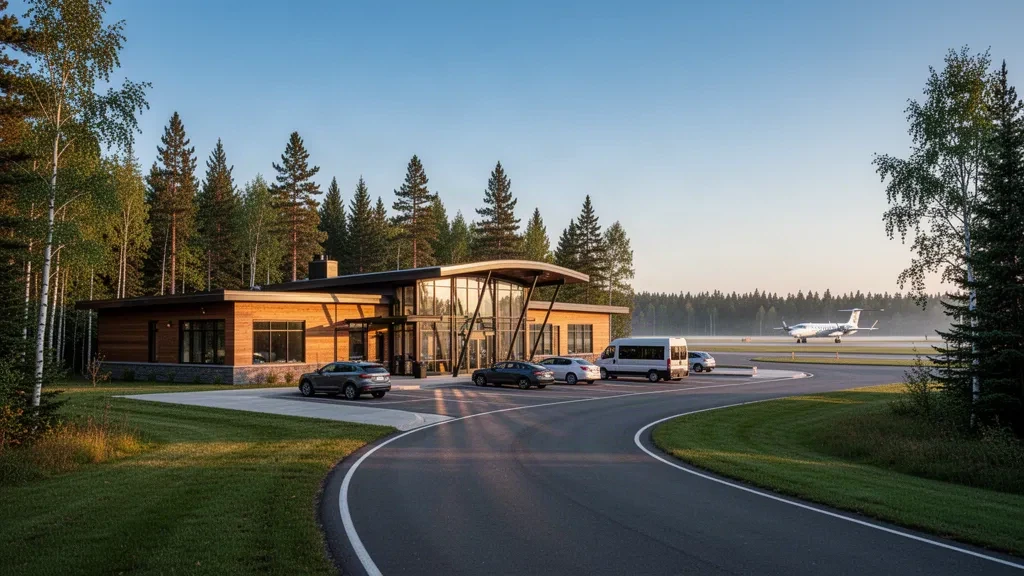 Exterior moderno de terminal de cristal en el aeropuerto de Rhinelander-Oneida County, en el norte de Wisconsin, rodeado de bosque de pinos a la hora dorada