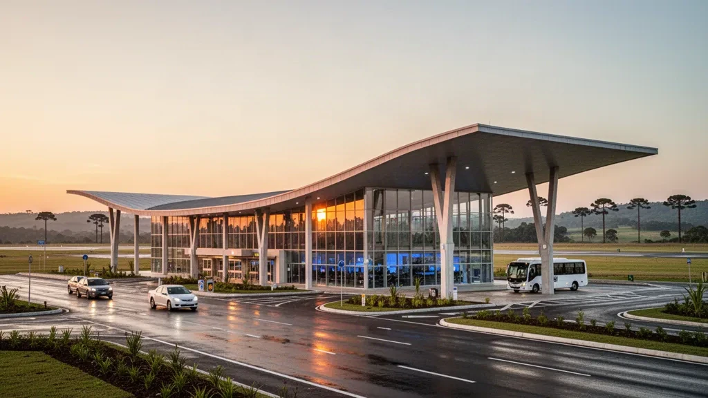 Exterior moderno de terminal aeroportuaria de vidrio con carriles de descenso en la hora dorada, aeropuerto de Santa Maria en Rio Grande do Sul, Brasil