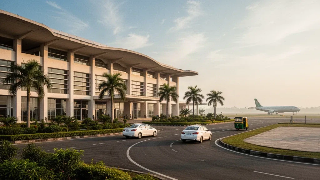 Bangladeş'in Rajshahi kentindeki Shah Makhdum Havaalanı'nda sıcak ikindi ışığında modern terminal binasının dış cephesi ve yolcu indirme alanı