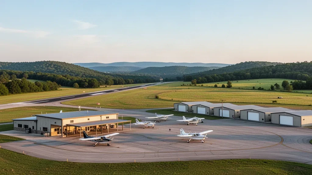 Small general aviation airport terminal, hangars and light aircraft on the apron in Poteau, Oklahoma at golden hour
