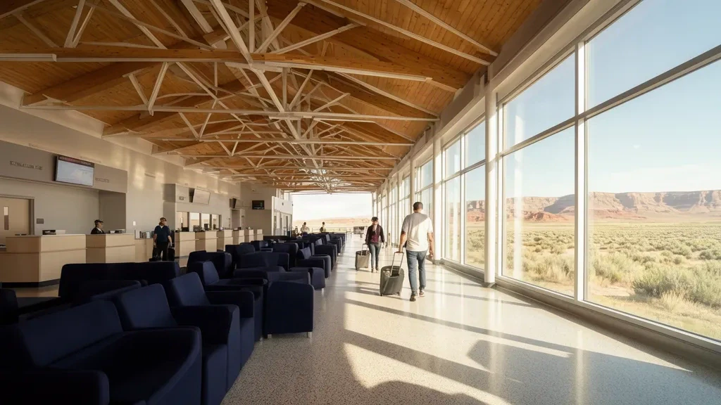 Intérieur de l'aéroport Southwest Wyoming Regional à Rock Springs avec comptoirs d'enregistrement, sièges et lumière du jour à travers les grandes fenêtres du terminal