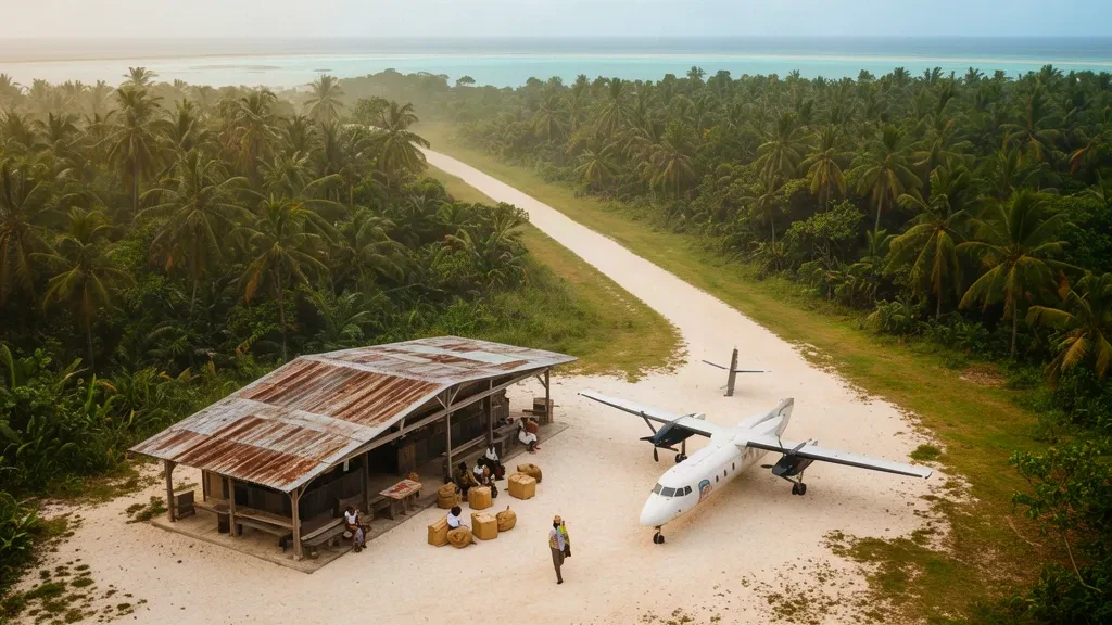Piste d'atterrissage d'île isolée et terminal ouvert à l'aéroport d'Ulawa aux Îles Salomon, entourés de cocotiers sous un ciel tropical brumeux