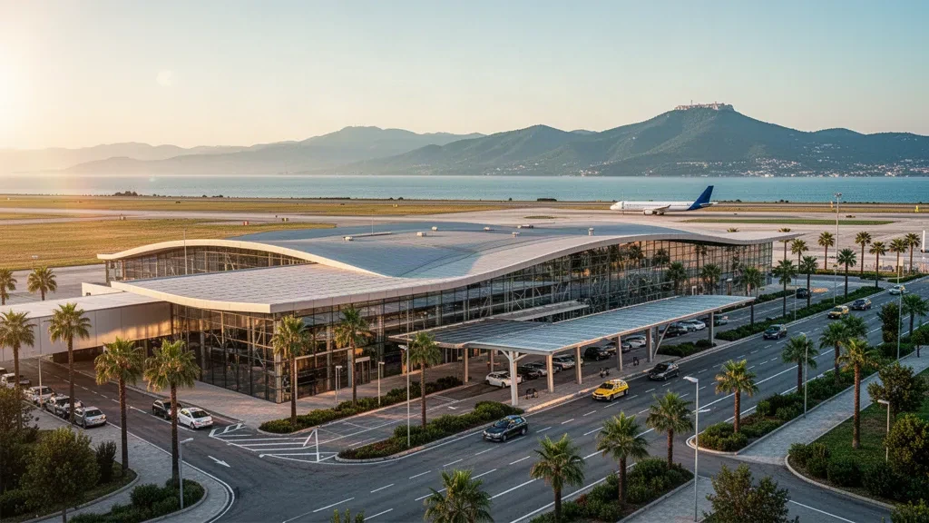 Extérieur vitré du terminal et voies de dépose à l'aéroport international Federico Fellini de Rimini à l'heure dorée