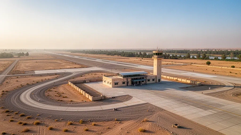 Vue à l'heure dorée de la piste désertique, de l'aire de trafic et de la tour de contrôle de l'aéroport de Qayyarah West dans le nord de l'Irak, encadrées par des plaines arides et un ciel dégagé