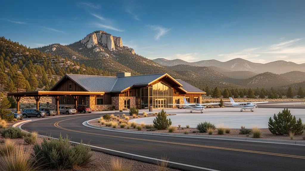 Modernes Terminal und Bergkulisse am Sierra Blanca Regional Airport nahe Ruidoso, New Mexico