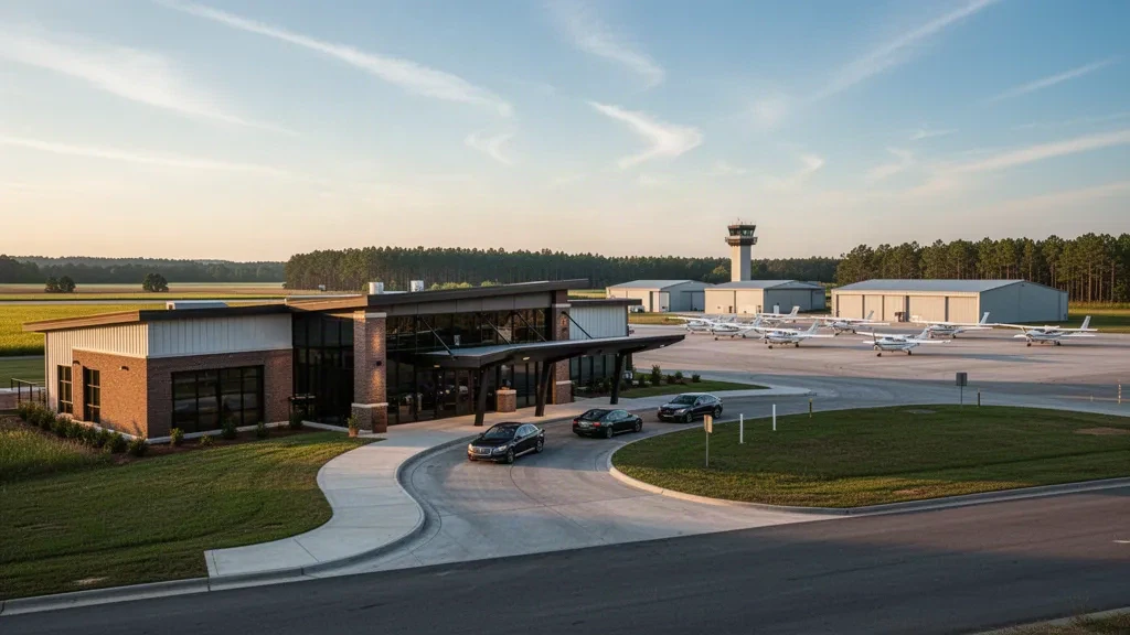 Vue à l'heure dorée du terminal de faible hauteur et des hangars de l'aéroport régional de Rocky Mount-Wilson en Caroline du Nord, avec des avions légers sur l'aire de stationnement.