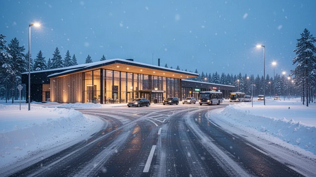 Extérieur moderne en verre et en bois du terminal de l'aéroport de Rovaniemi, dans la Laponie enneigée, au crépuscule hivernal.