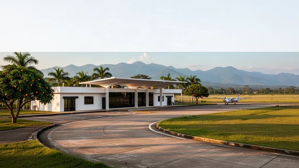 Terminal de l'aéroport de Santa Bárbara de Barinas, de faible hauteur, avec voie de dépose et palmiers sous une chaude lumière dorée au Venezuela