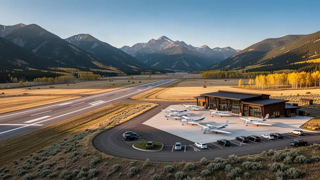 Bob Adams Field a Steamboat Springs, Colorado, con la pista, il piazzale e il terminal in legno sotto le cime montuose durante l'ora d'oro.