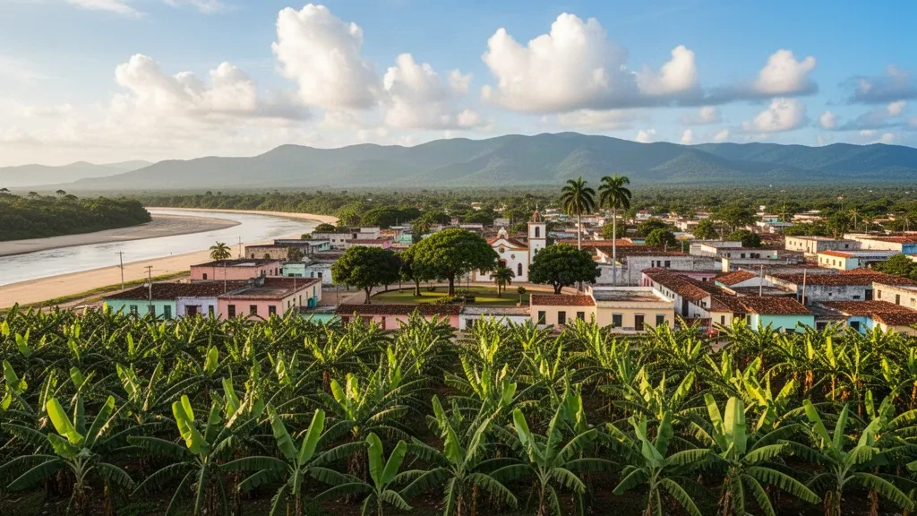Veduta elevata di Mao a Valverde, Repubblica Dominicana, con piantagioni di banane e la valle del fiume Yaque del Norte