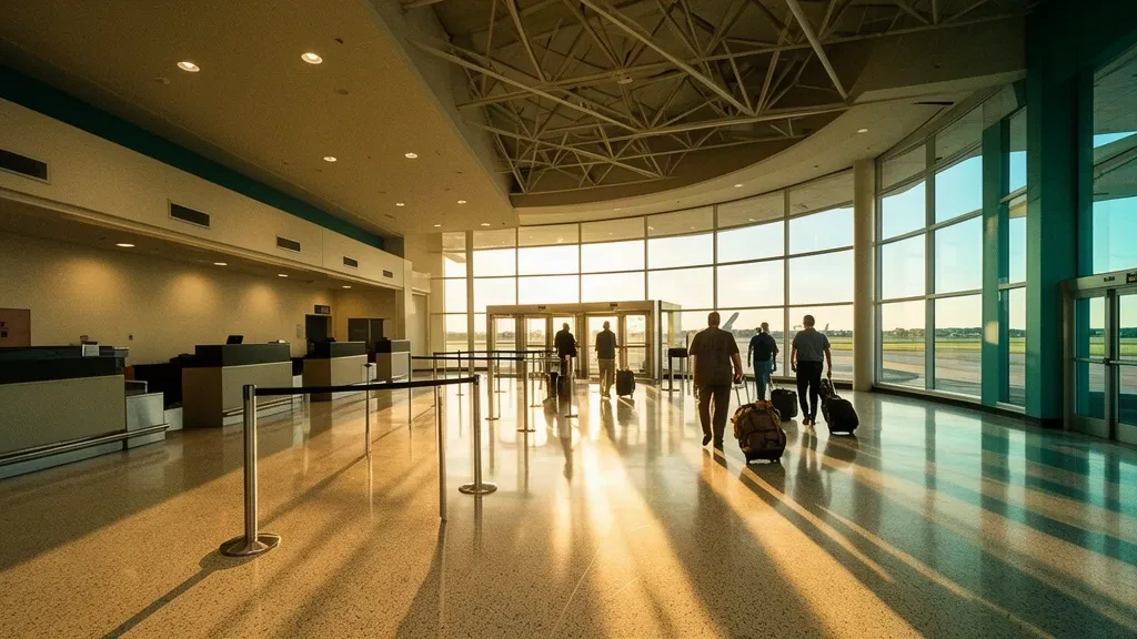 Sala check-in illuminata dal sole all'interno del terminal dell'aeroporto di Stockton Metropolitan con viaggiatori e pareti di vetro