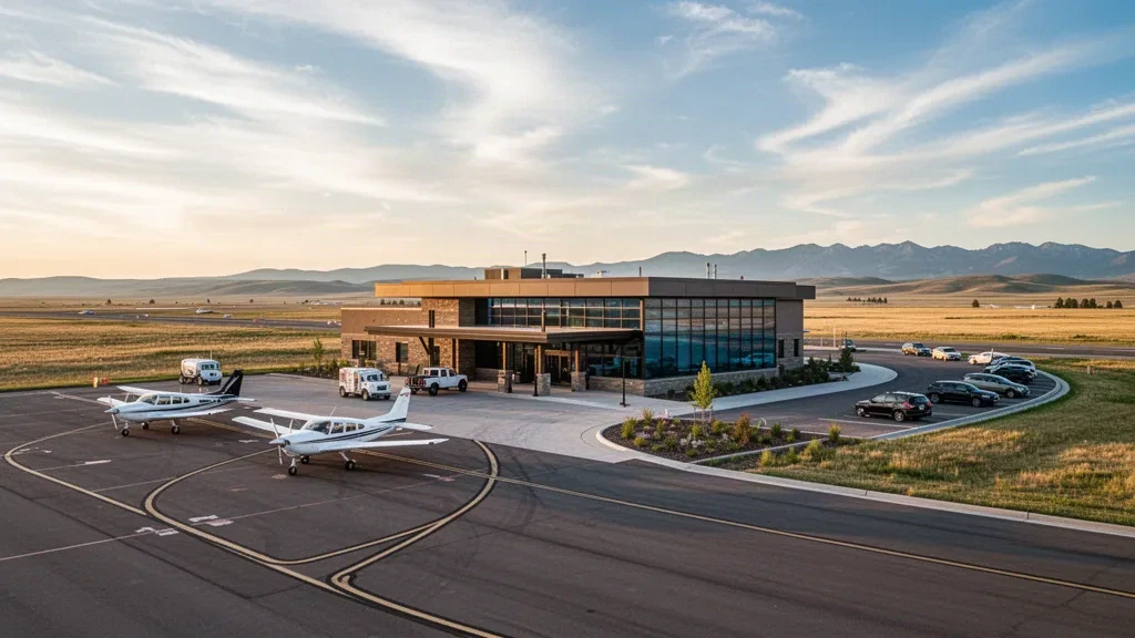 Terminal d'un seul niveau et tarmac à l'aéroport de Shelby dans le Montana sous un large ciel de prairie à l'heure dorée