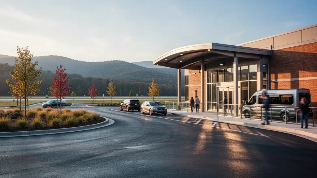 Extérieur moderne du terminal en verre et brique à l'aéroport régional de State College en Pennsylvanie avec circulation en bordure à l'heure dorée