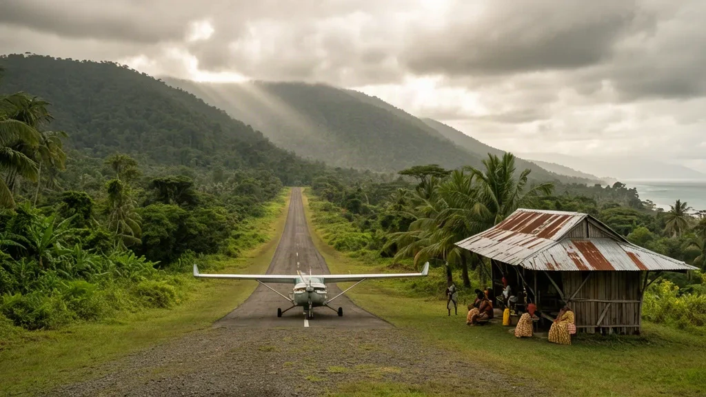 Piste en herbe isolée et environnement de forêt tropicale à l'aéroport de Saidor (SDI) dans la province de Madang, en Papouasie-Nouvelle-Guinée