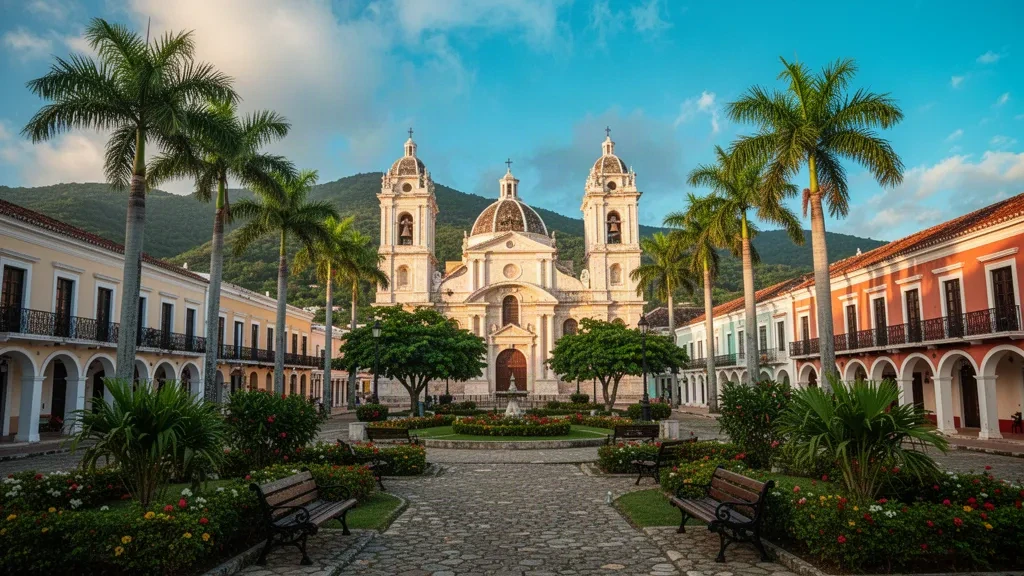 Kolonialkathedrale und grüner zentraler Platz in San Cristóbal, dem historischen Herz der Region Valdesia in der Dominikanischen Republik
