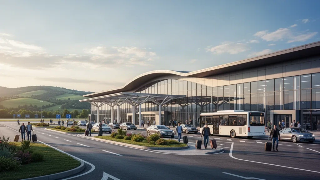Modern terminal exterior and drop-off zone at Suceava Ștefan cel Mare International Airport in Romania during golden hour.