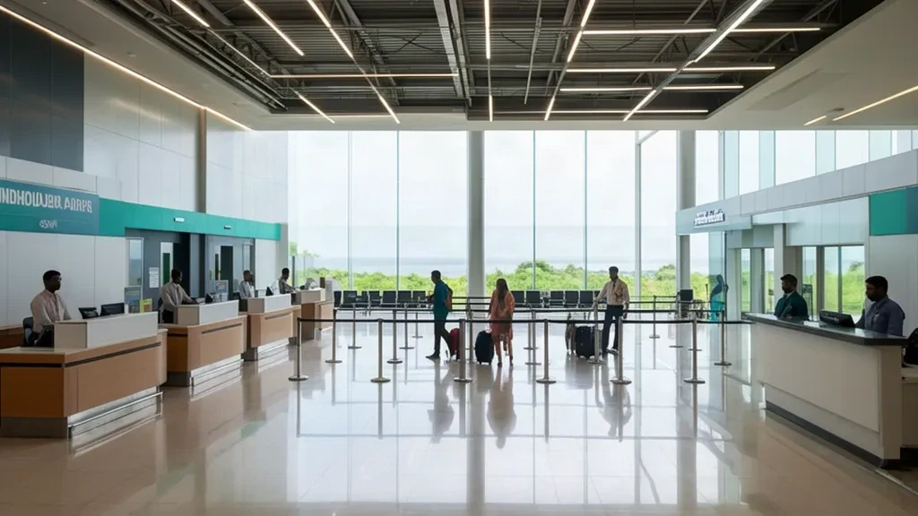 Vue intérieure du terminal de l'aéroport de Sindhudurg SDW à Chipi, Maharashtra, montrant le hall des départs, la zone d'enregistrement et la lumière naturelle.