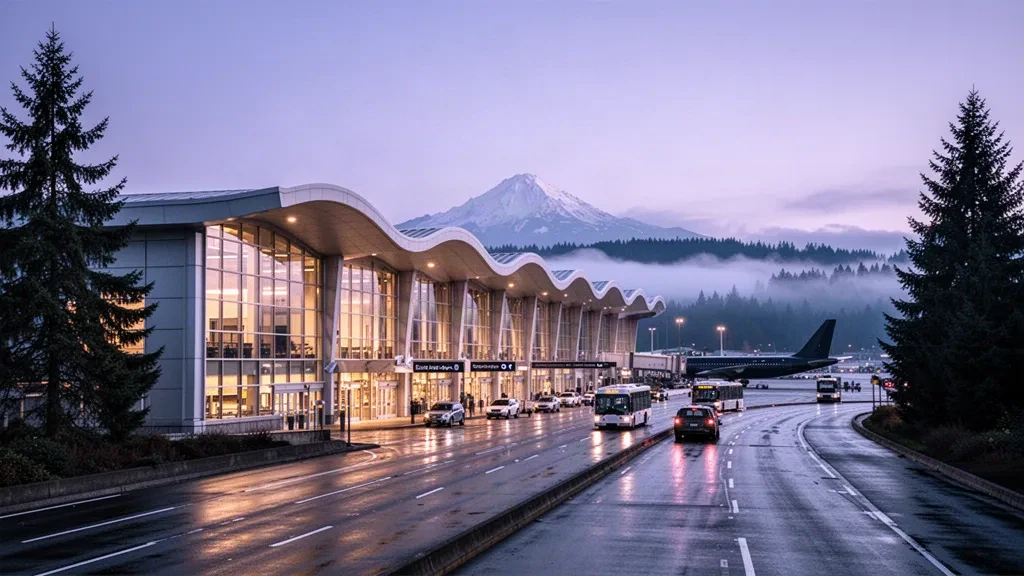 Esterno moderno del terminal in vetro dell'aeroporto internazionale di Seattle-Tacoma al crepuscolo, incorniciato da alberi sempreverdi con riflessi sul manto stradale bagnato