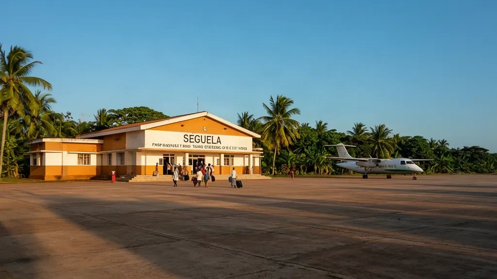 Esterno del terminal dell'aeroporto di Séguéla in Costa d'Avorio con alberi tropicali, aerei parcheggiati e passeggeri nella calda luce del pomeriggio.