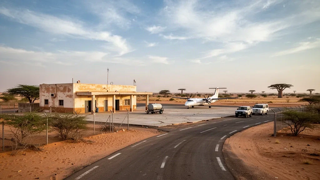Petit terminal désertique et aire de trafic sablonneuse à l'aéroport de Sélibaby en Mauritanie sous la lumière chaude d'un après-midi sahélien