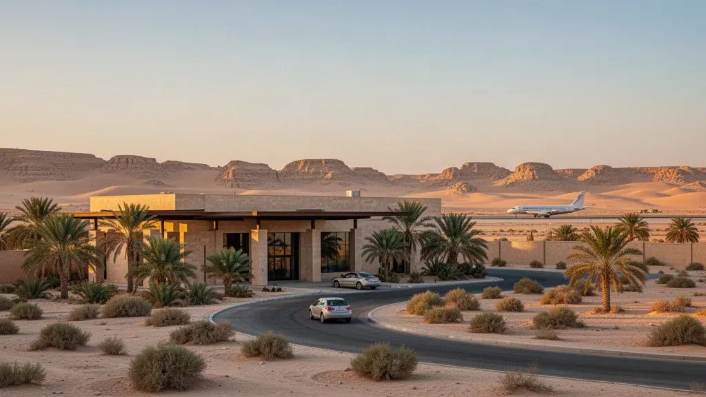 Vue à l'heure dorée du terminal de l'aéroport de Siwa Oasis North en Égypte, encadré par des palmiers-dattiers avec des dunes désertiques et un avion stationné au-delà