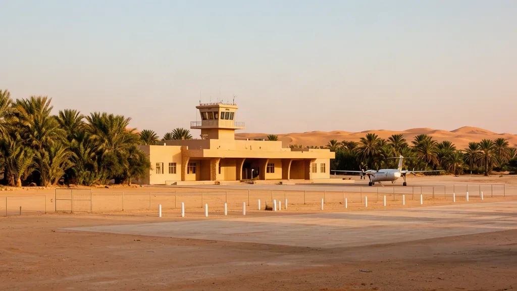 Piccolo edificio terminal color sabbia all'Aeroporto di Siwa Oasis North in Egitto, incorniciato da palme con dune desertiche e piazzale sullo sfondo