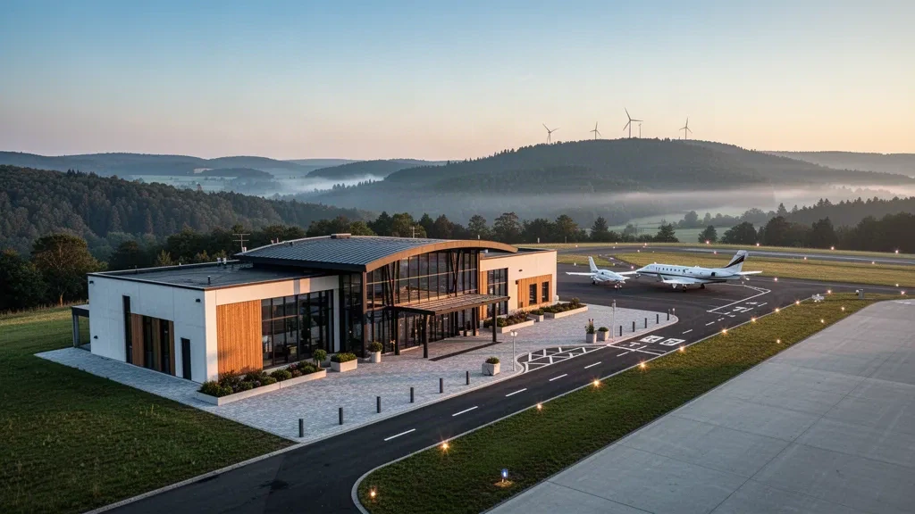 Terminal moderno con pareti in vetro e piazzale dell'Aeroporto di Siegerland vicino a Burbach in Germania durante l'ora d'oro, circondato da colline boscose