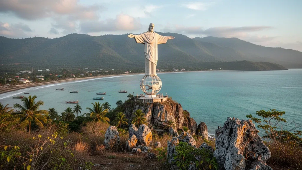 Cristo Rei statue on its headland overlooking the calm bay and green mountains of Dili, Timor-Leste
