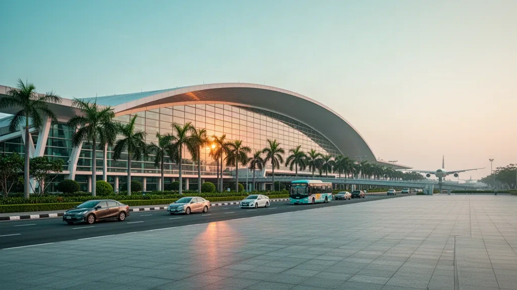 Exterior moderno de terminal de cristal en el aeropuerto internacional de Tan Son Nhat, en Ciudad Ho Chi Minh, con palmeras y carriles de descenso al atardecer