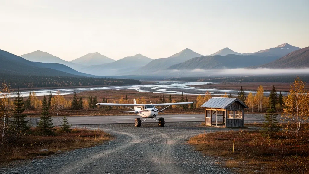 Avion léger et abri en bois le long de la piste en gravier de l'aéroport de Shageluk, dans une région reculée de l'Alaska, encadrés par la toundra automnale et des collines couvertes d'épicéas.