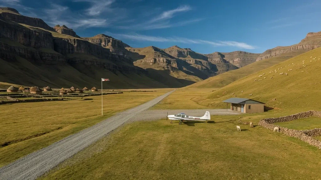 Pista di atterraggio sterrata remota sugli altopiani presso l'Aeroporto di Seshutes nei Monti Maloti in Lesotho sotto una limpida luce alpina
