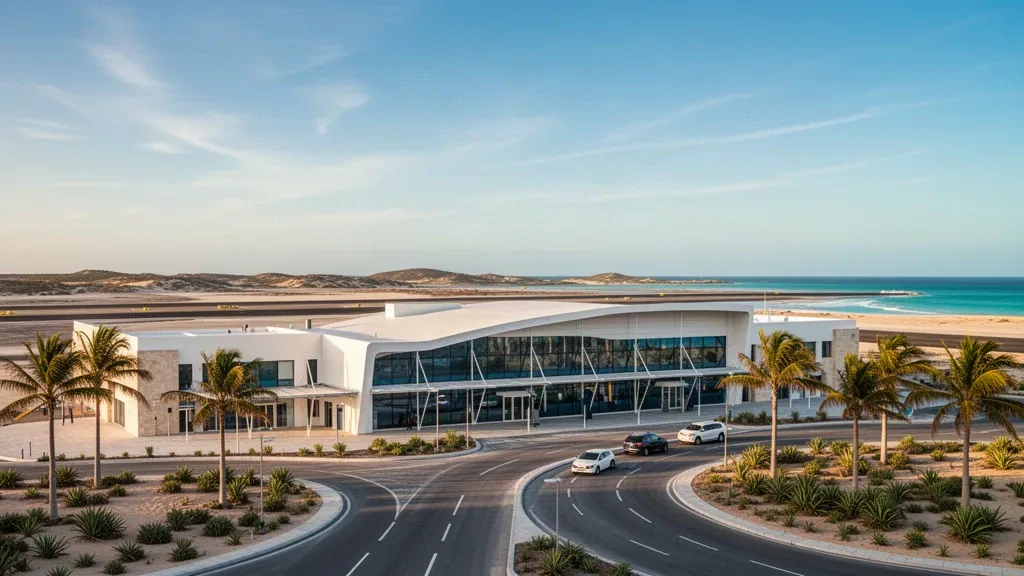 Golden-hour view of the modern terminal exterior and palm-lined drop-off lane at Amílcar Cabral International Airport on Sal Island, Cape Verde.