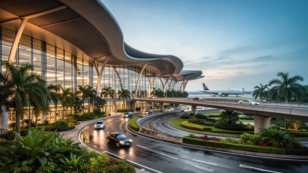 Esterno moderno in vetro del terminal dell'aeroporto di Singapore Changi con vegetazione tropicale, linee del tetto curve e strada rialzata per la salita e la discesa passeggeri al crepuscolo.