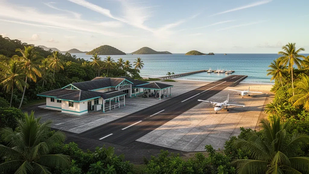 Pequeña terminal tropical y pista de aterrizaje en el Aeropuerto de la Isla San José, en las Islas de las Perlas de Panamá, a la hora dorada