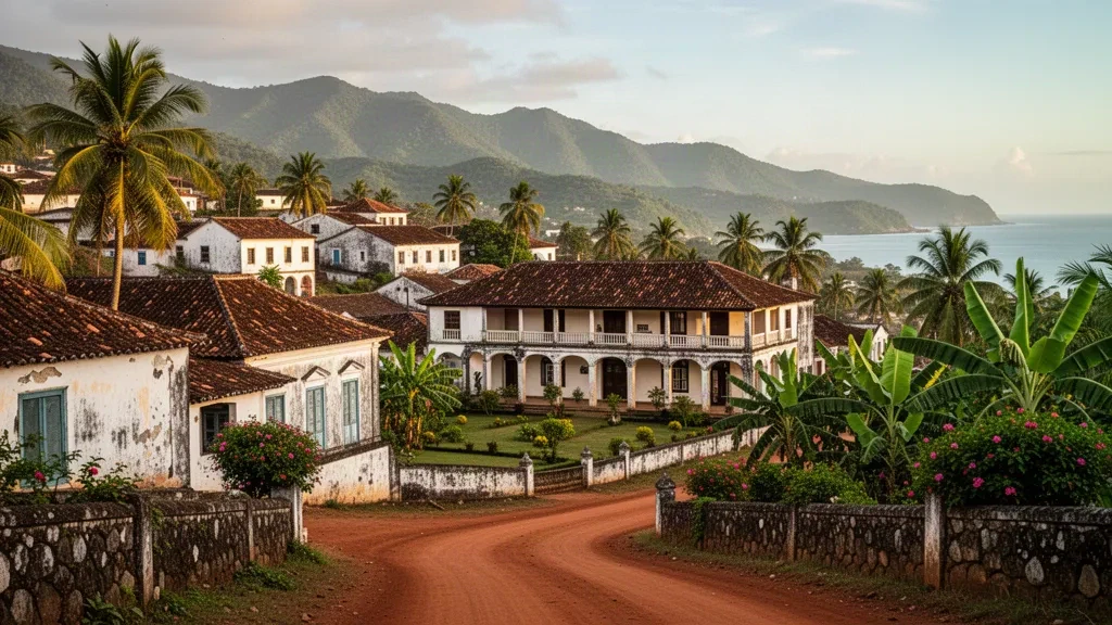 Edificios coloniales portugueses y paisaje urbano en la ladera bordeada de palmeras de Baucau, Timor-Leste, resplandeciendo bajo la cálida luz tropical del final de la tarde