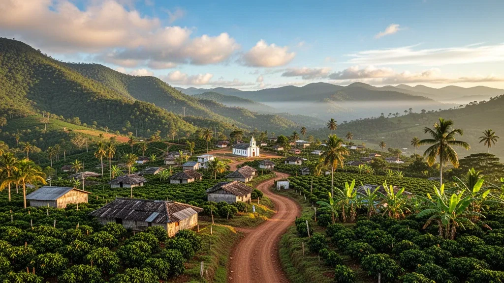 Vista elevada de la localidad de Bobonaro en Timor-Leste, rodeada de montañas verdes, casas tradicionales, plantaciones de café y la cálida luz de la tarde.