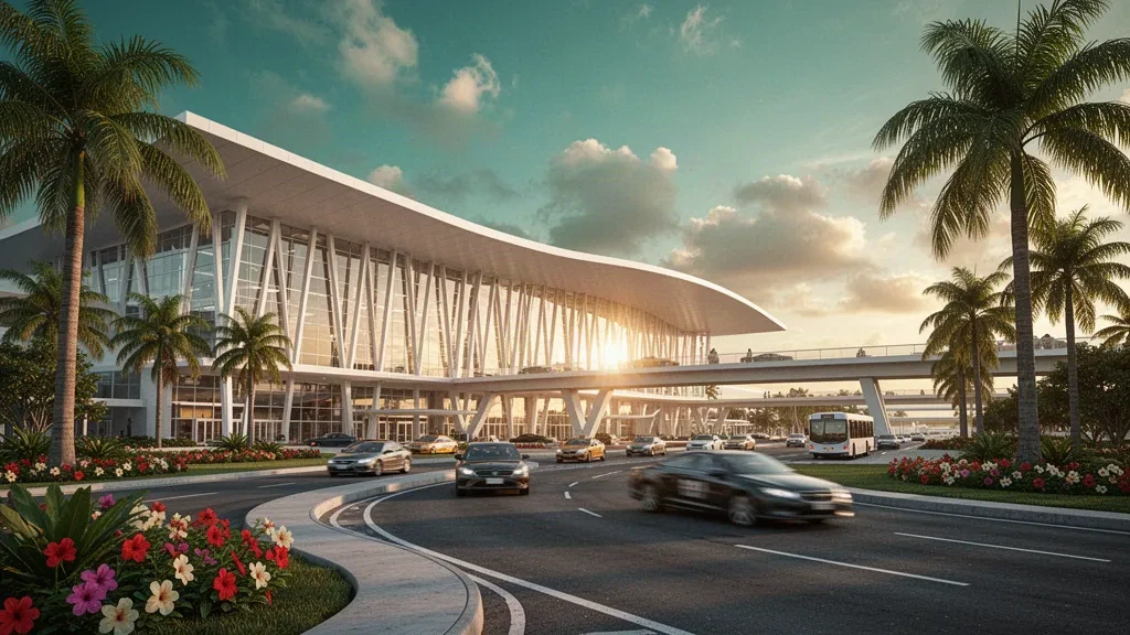Modernes Glas-Terminal und palmengesäumte Vorfahrtspuren am Luis Muñoz Marín International Airport in San Juan zur goldenen Stunde