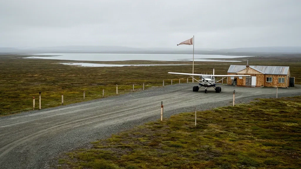 Pista de grava, postes de señalización y refugio deteriorado en el Aeropuerto de Shaktoolik, en la tundra de Alaska, bajo una luz costera nublada