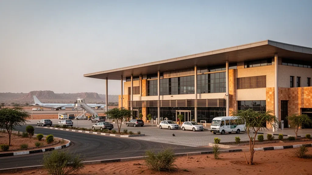 Terminal moderno con vetrate e corsia di sosta all'aeroporto internazionale Sadiq Abubakar III di Sokoto sotto la calda luce pomeridiana del Sahel