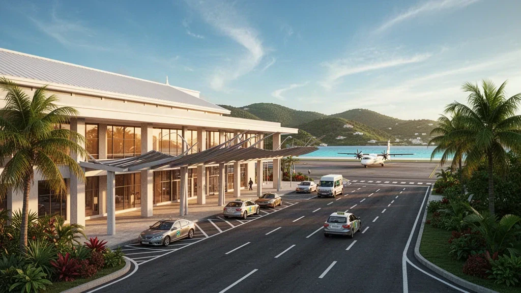 Terminal moderne en verre et dépose-minute bordé de palmiers à l'aéroport international Robert L. Bradshaw à Basseterre, Saint-Kitts