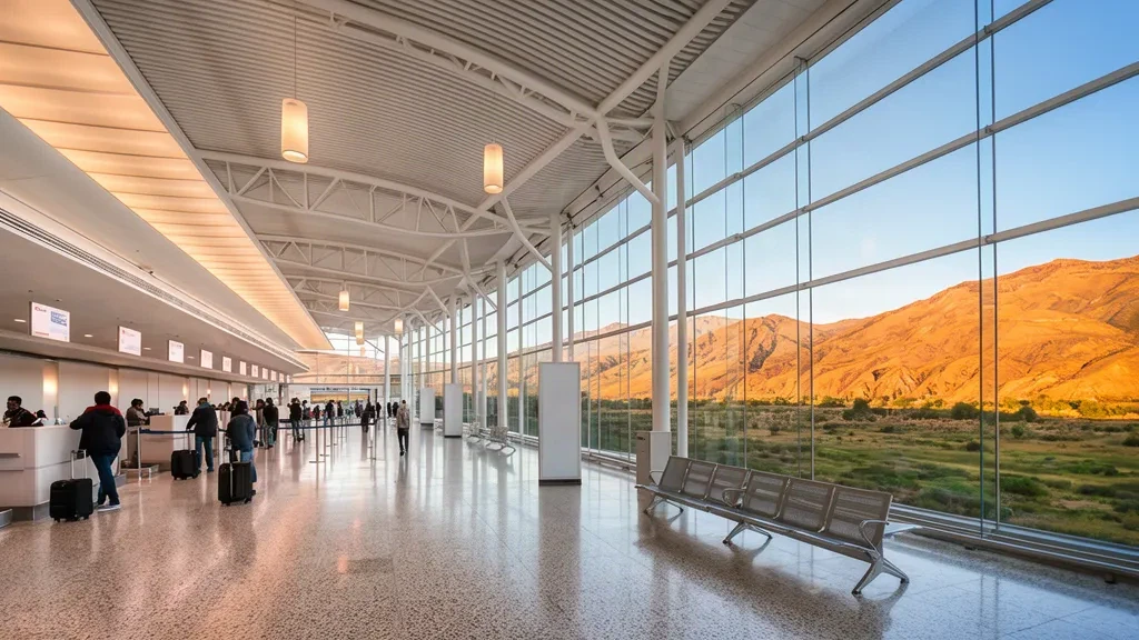 Viaggiatori in fila al check-in nella luminosa sala partenze dell'Aeroporto Internazionale Martín Miguel de Güemes a Salta, Argentina.