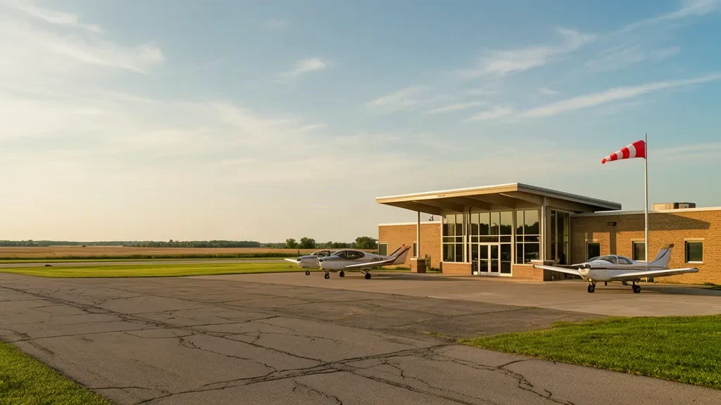 Iowa'daki Storm Lake Municipal Havalimanı'nda apronda park etmiş hafif uçaklarla küçük genel havacılık terminal binası