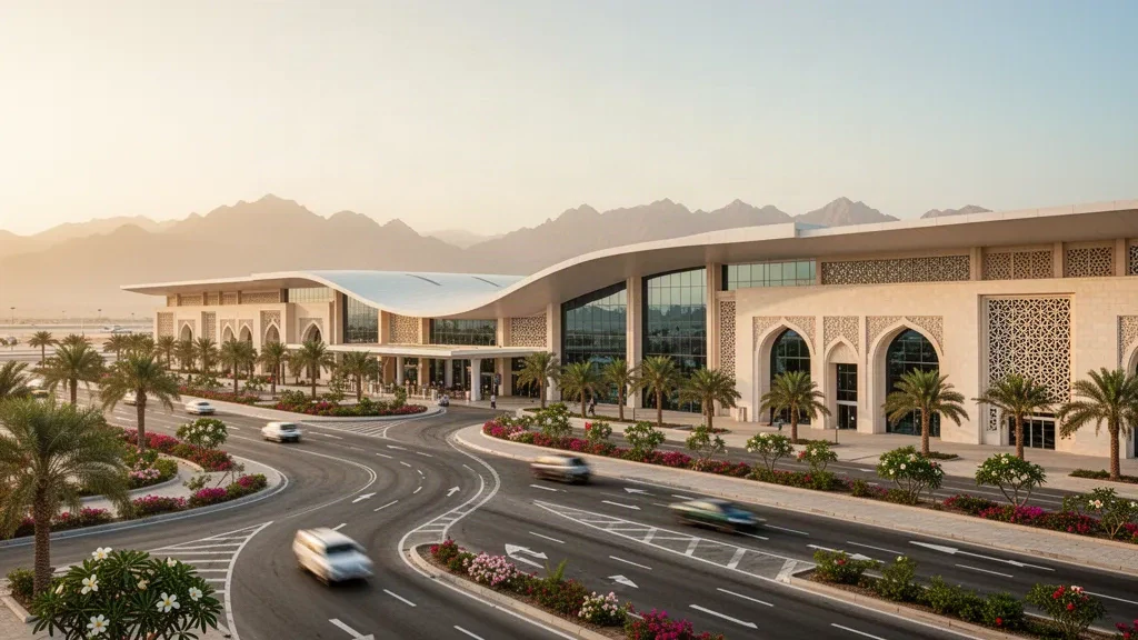 Terminal blanco moderno y carriles de descenso bordeados de palmeras en el Aeropuerto Internacional de Salalah, en Omán, bajo una cálida luz de hora dorada