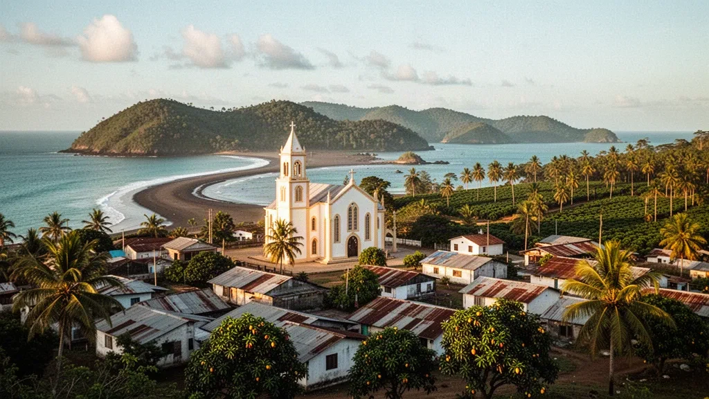 Cathédrale de Suai et panorama de la ville côtière de Cova Lima, au Timor-Leste, encadrés par des collines tropicales et la mer de Timor dans une lumière chaude d'après-midi