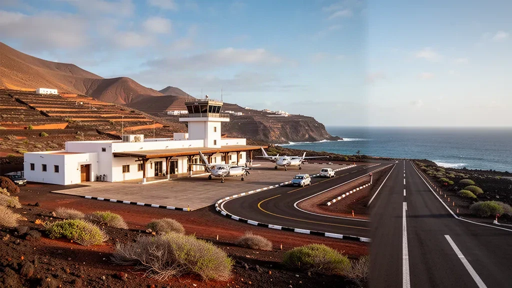 Bâtiment terminal et piste côtière de l'aéroport de Preguiça sur l'île de São Nicolau, au Cap-Vert, encadrés par des collines volcaniques arides et la lumière de l'Atlantique