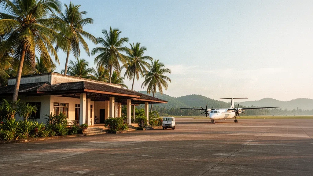 Terminal aeroportuale tropicale con palme e un turboelica sul piazzale dell'aeroporto di Thandwe vicino alla spiaggia di Ngapali, Myanmar
