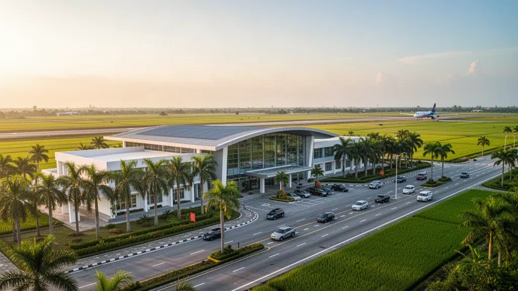 Terminal moderne et entrée tropicale à l'aéroport de Sóc Trăng (SOA) dans le delta du Mékong au Vietnam, sous une lumière chaude.