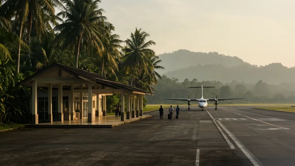 Petit terminal tropical et piste courte de l'aéroport de Sipitang (SPT) dans l'État de Sabah, en Malaisie, encadrés de palmiers sous la lumière chaude de l'après-midi