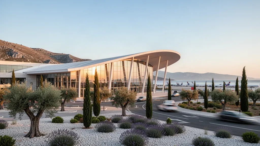 Dalmaçya kıyısında altın saat ışığında Akdeniz peyzajıyla Split Saint Jerome Havalimanı'ndaki modern cam terminal cephesi